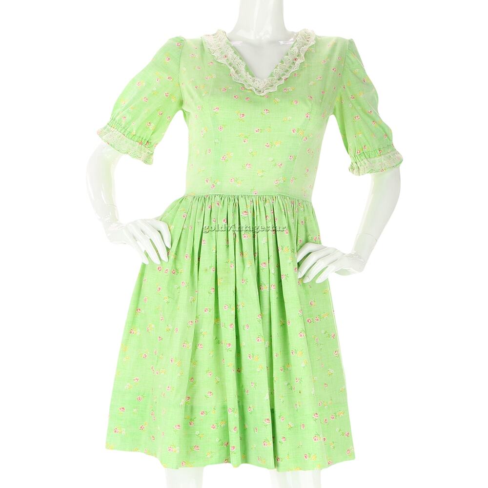 Vintage Prairie Green Lace V-Neck Dress S Pastel Chicr9a